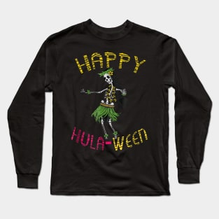 Happy Hula Ween Hawaiian Tiki Dancing Skeleton Long Sleeve T-Shirt